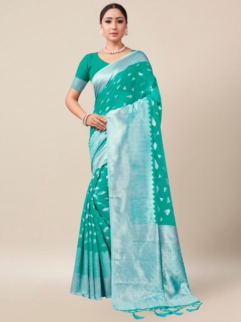 

AYKA CLOTHINGS Turquoise Blue & Silver-Toned Ethnic Motifs Zari Banarasi Saree