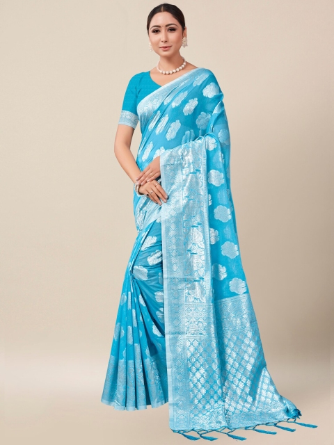 

AYKA CLOTHINGS Blue And Silver-Toned Floral Zari Banarasi Saree