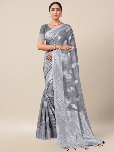 

AYKA CLOTHINGS Grey & Silver-Toned Floral Zari Banarasi Saree