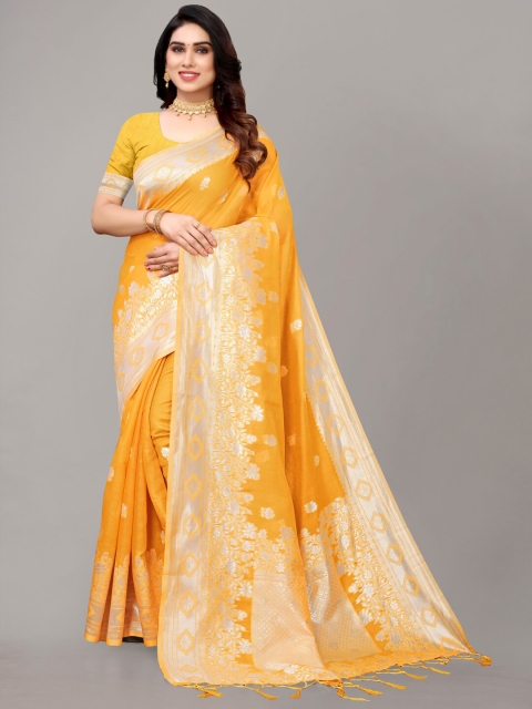 

AYKA CLOTHINGS Yellow & Silver-Toned Woven Design Zari Banarasi Saree