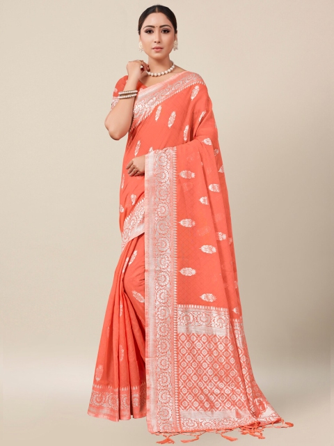 

AYKA CLOTHINGS Peach-Coloured & Silver-Toned Floral Zari Banarasi Saree