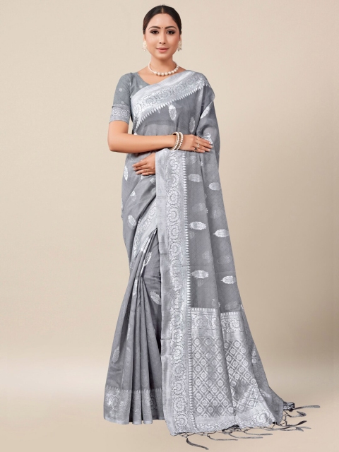 

AYKA CLOTHINGS Grey & Silver-Toned Woven Design Zari Banarasi Saree