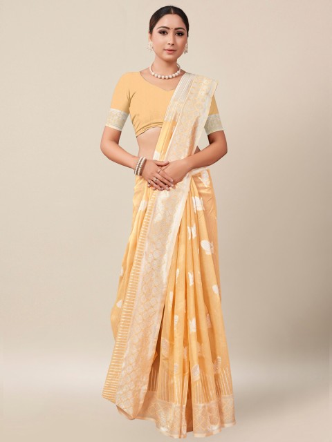 

AYKA CLOTHINGS Floral Zari Silk Cotton Banarasi Saree, Beige