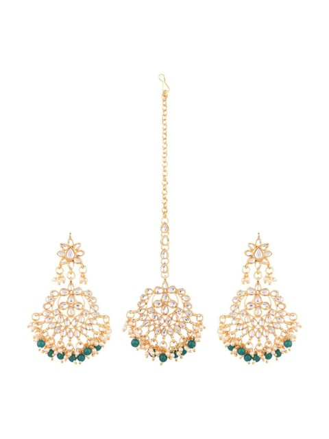 

Efulgenz Gold Plated Traditional Kundan Maang Tikka Earrings Set, Green