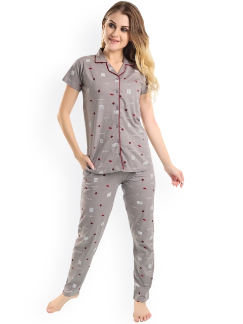 

Pearl NIGHT WEARS Women Grey & Red Printed Night suit