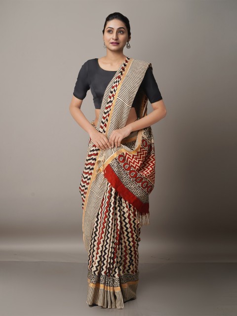 

Unnati Silks Beige & Red Geometric Silk Blend Bagru Saree