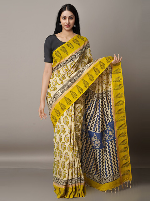 

Unnati Silks Cream-Coloured & Blue Floral Silk Blend Bagru Saree