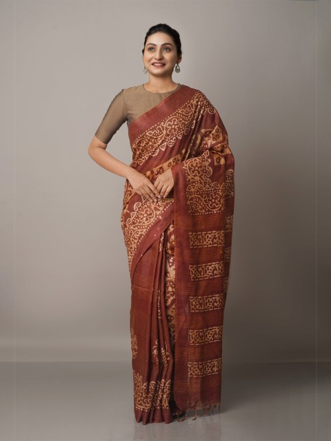 

Unnati Silks Brown & Beige Batik Silk Cotton Bhagalpuri Handloom Saree