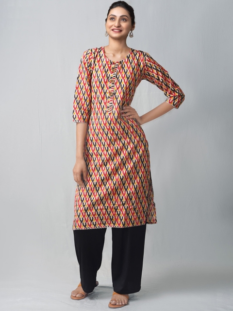

Unnati Silks Women Geometric Printed Thread Work Floral Handloom Kurta, Brown