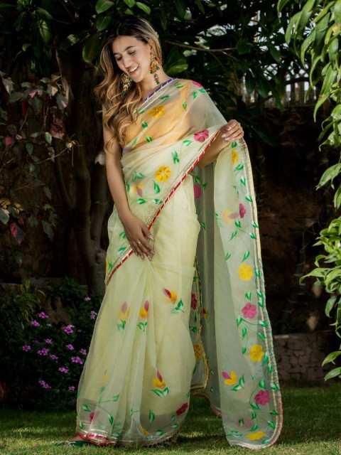 

HOUSE OF JAMOTI Yellow & Green Floral Organza Saree