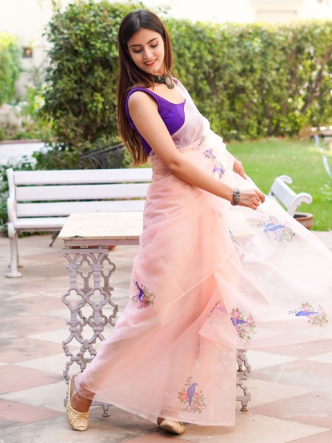 

HOUSE OF JAMOTI Peach-Coloured & Navy Blue Organza Floral Organza Saree