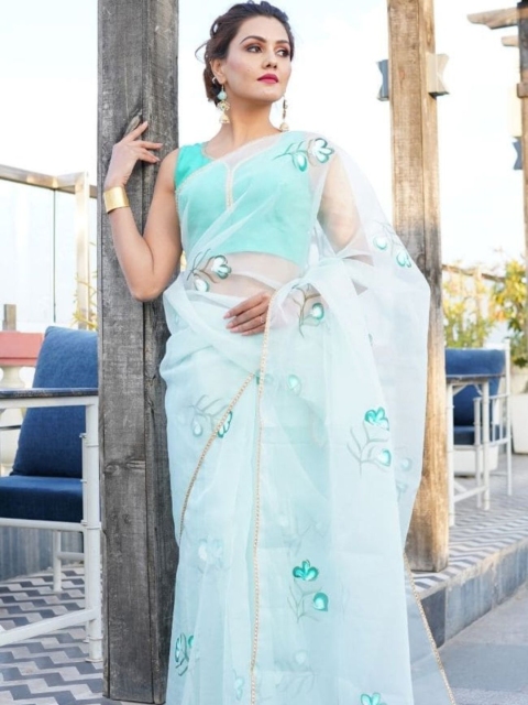

HOUSE OF JAMOTI Green Ethnic Motifs Organza Saree