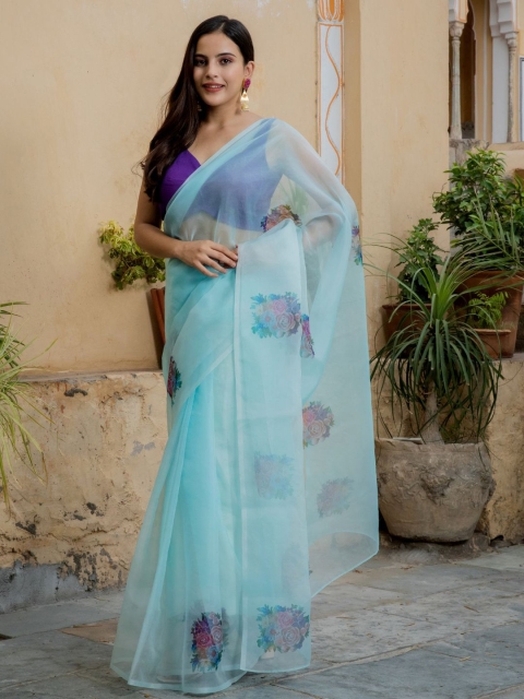 

HOUSE OF JAMOTI Blue & Pink Floral Organza Saree