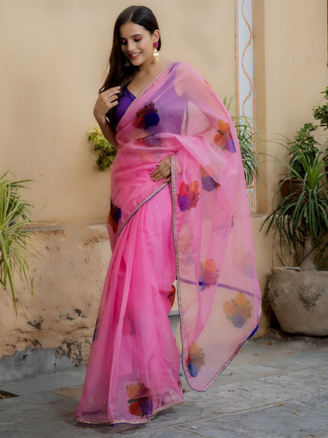 

HOUSE OF JAMOTI Pink & Blue Floral Organza Saree