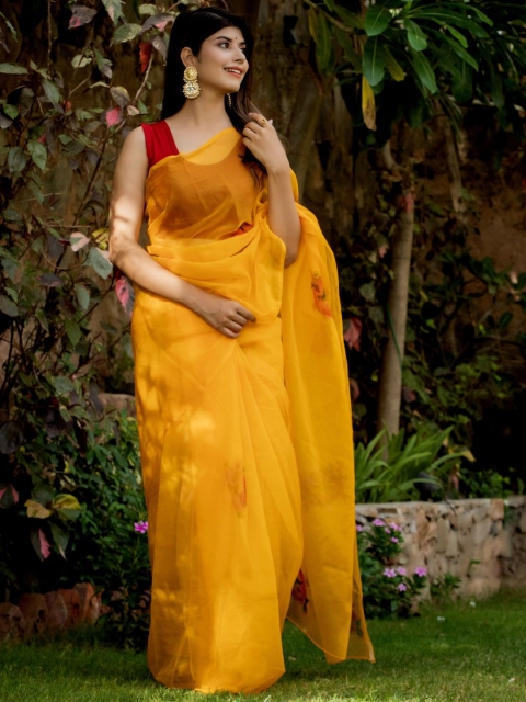 

HOUSE OF JAMOTI Orange & Pink Floral Organza Saree