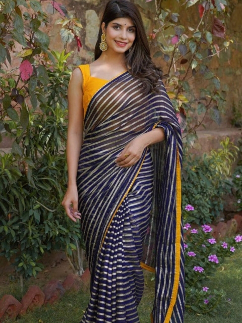 

HOUSE OF JAMOTI Navy Blue & Silver-Toned Striped Tussar Saree