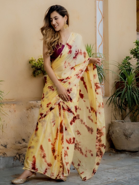 

HOUSE OF JAMOTI Yellow & Pink Tie and Dye Silk Blend Saree