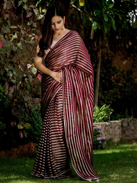 

HOUSE OF JAMOTI Maroon & Silver-Toned Striped Tussar Saree