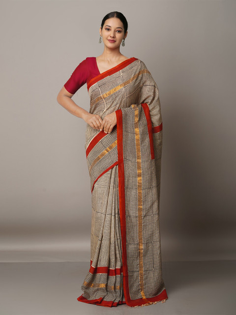 

Unnati Silks Cream-Coloured & Gold-Toned Zari Silk Blend Bagru Saree