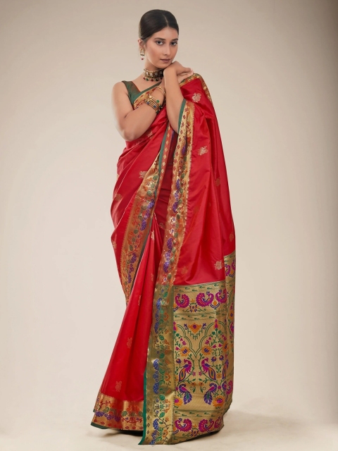 

MS RETAIL Red & Green Ethnic Motifs Zari Paithani Saree
