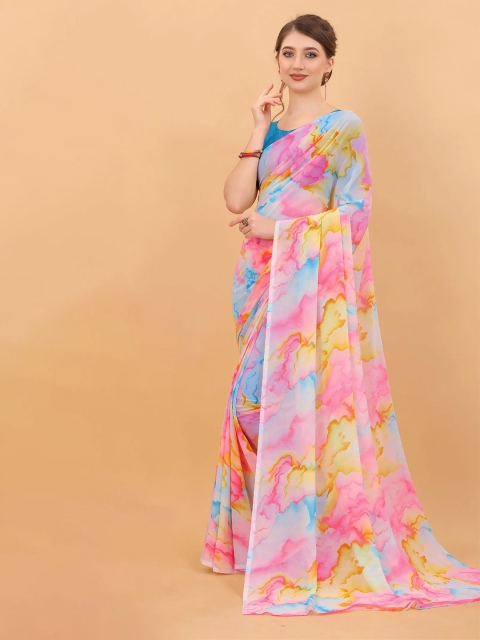 

MS RETAIL Tie and Dye Pure Georgette Block Print Saree, Blue