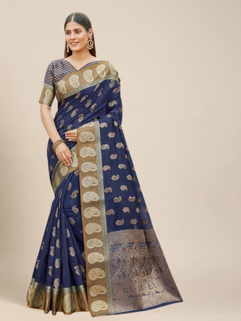 

MS RETAIL Paisley Silk Cotton Chanderi Saree, Navy blue