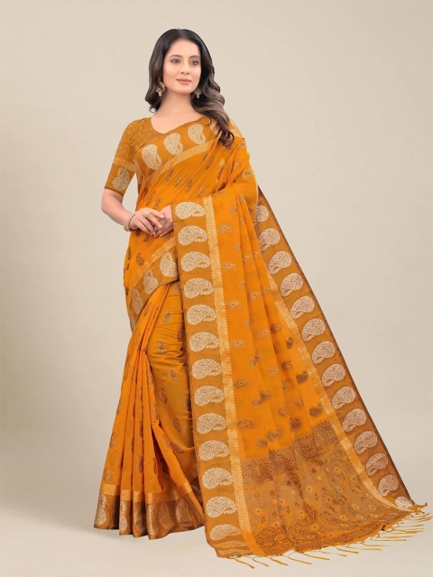 

MS RETAIL Mustard & Cream-Coloured Ethnic Motifs Zari Pure Cotton Chanderi Saree