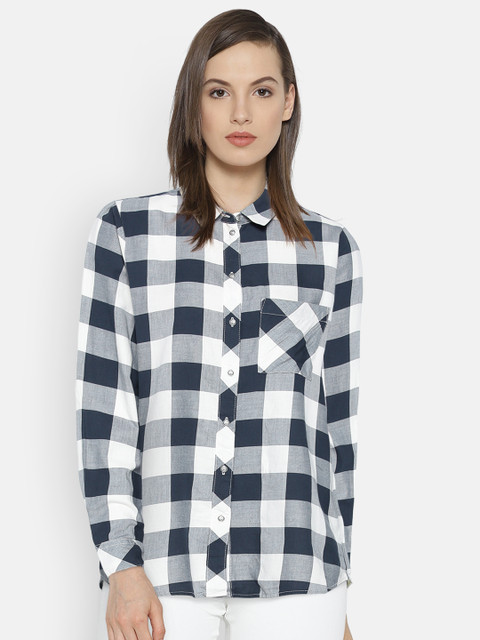 

ONLY Women Navy Blue & Off-White Regular Fit Checked Casual Shirt