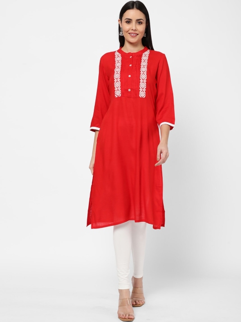 

R&B Women Red & White Embroidered Thread Work Kurta