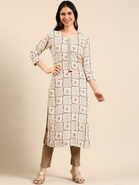 

SHOWOFF Women Printed Thread Work Kurta, Cream