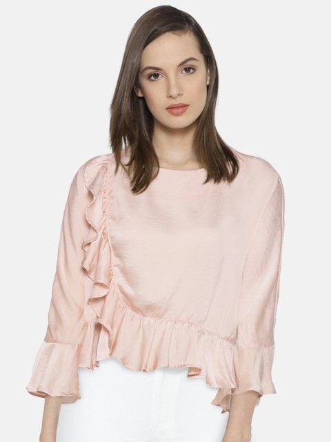 

ONLY Women Peach-Coloured Solid Ruffled Semi-Sheer Top