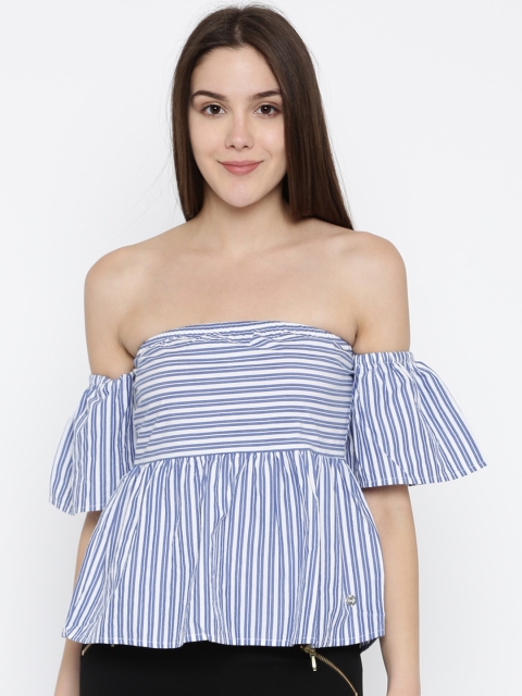 

ONLY Women Blue & White Striped Bardot Pure Cotton Top