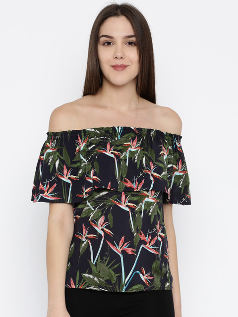 

ONLY Women Black & Green Tropical Print Bardot Top