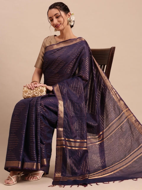 

Ramraj Navy Blue & Gold-Toned Woven Design Zari Tussar Saree