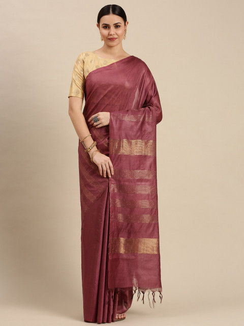 

Ramraj Pink & Gold-Toned Woven Design Zari Tussar Saree