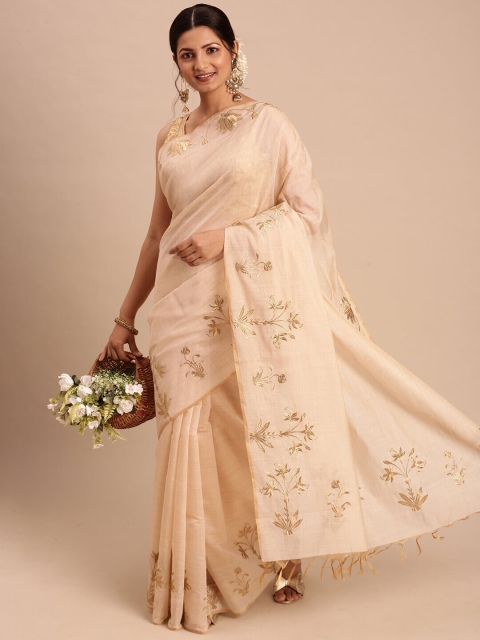 

Ramraj Nude & Gold Embroidered Cotton Blend Tussar Saree