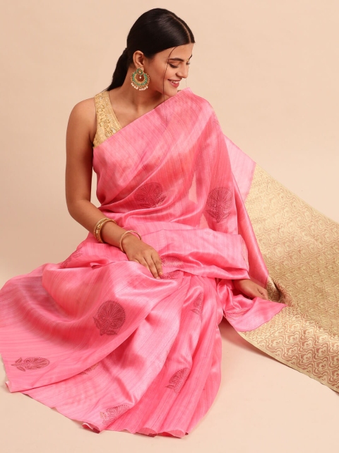 

Ramraj Pink & Gold-Toned Ethnic Motifs Zari Tussar Saree