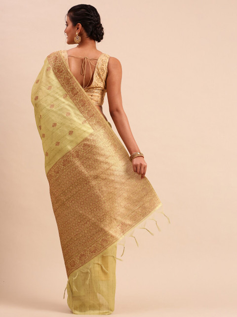 

Ramraj Women Green & Gold Woven Design Cotton Blend Tussar Saree