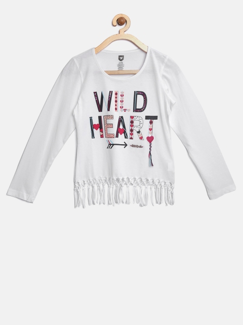 

612 league Girls White Fringed Printed Top