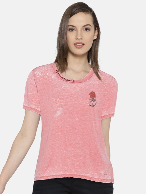 

ONLY Women Coral Pink Solid Sheer Round Neck T-shirt