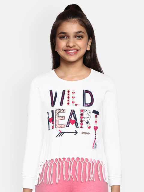 

612 league Girls White Cotton Printed Fringe Hem Top