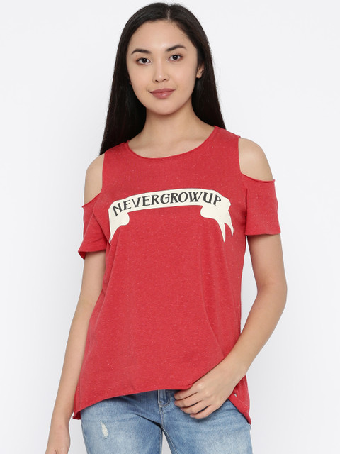 

ONLY Women Coral Red Printed Cold-Shoulder Top
