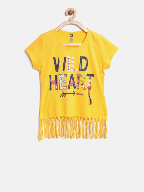 

612 league Girls Yellow Fringed Printed Top