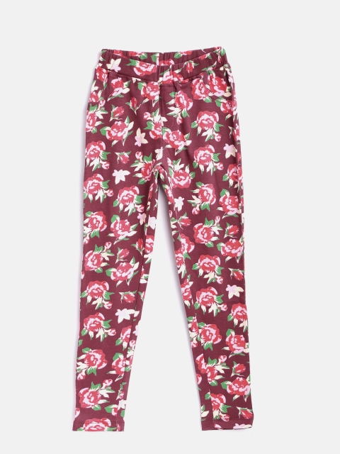 

612 league Girls Burgundy & Pink Floral Print Treggings