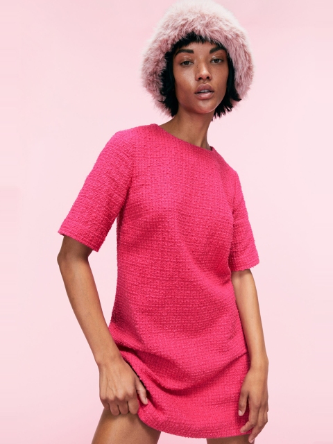 

H&M Women Pink Solid Round Neck Jacquard Weave Dress