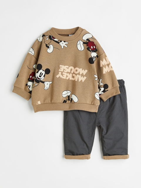 

H&M Kids Pure Cotton Mickey Mouse Printed Top and Trousers Co-Ords, Beige