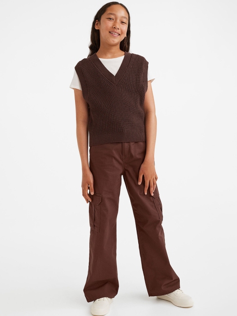 

H&M Kids Girls Wide cotton cargo trousers, Brown