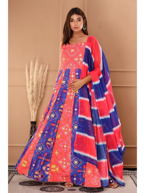 

SVARCHI Ethnic Motifs Maxi Dress with Dupatta, Blue