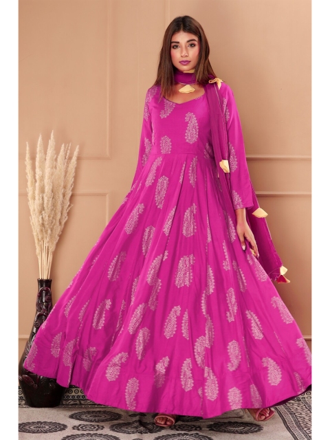 

SVARCHI Ethnic Motifs Maxi Dress with Dupatta, Pink