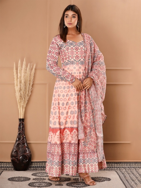 

SVARCHI Women Ethnic Motifs A-Line Maxi Dress with Dupatta, Peach